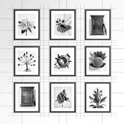 Grid layout of nine framed concept thumbnails arranged on a faint baseline grid,