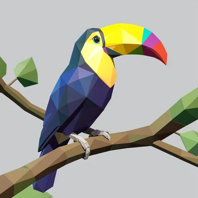 A low-poly toucan perched on a branch, its beak a sequence of bright colored pol