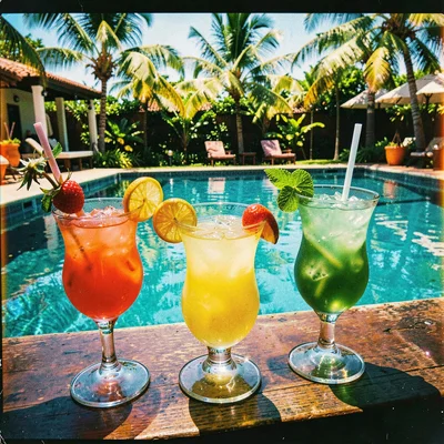 Cross-processed slide film photograph, Tropical cocktails on poolside bar, garni