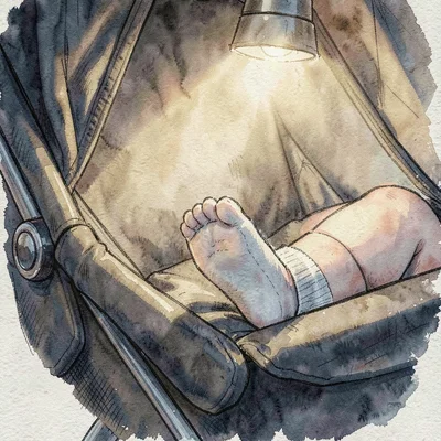 Cropped portrait of a baby's tiny socked foot poking from the stroller, soft foc