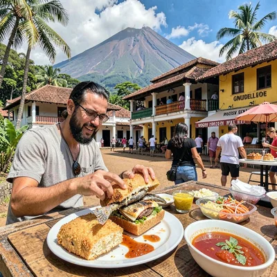 French Caribbean fusion in Guadeloupe, Bokit sandwich being assembled, fried bre