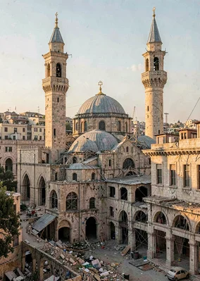 Mediterranean hard light on Beirut's wounded elegance, mosque minaret beside chu