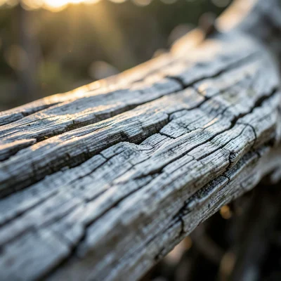 Close-up of weathered driftwood grain, silver-grey tones, every crack visible