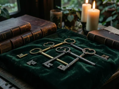 A collection of antique keys on a velvet cloth, each a different era and style, 