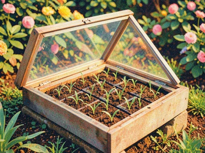 A cold frame with its glass lid propped open showing rows of seedlings in soil b