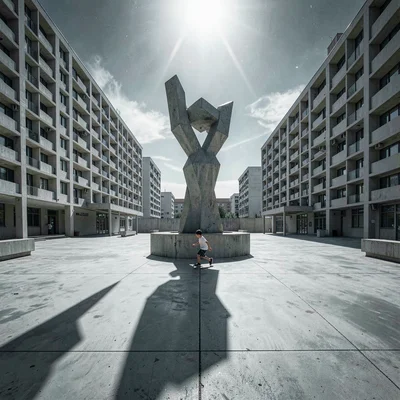Planned city photography, modernist urbanism, A concrete plaza with a sculptural