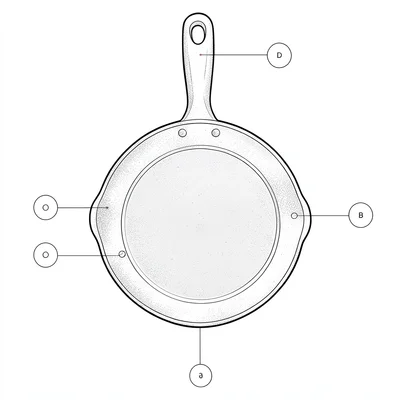 Linework of a single cast-iron skillet from above, handle rivets called out by a
