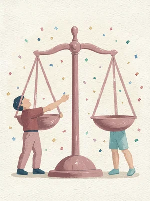Single figure tips a giant balance scale with both hands painted flat in dusty r