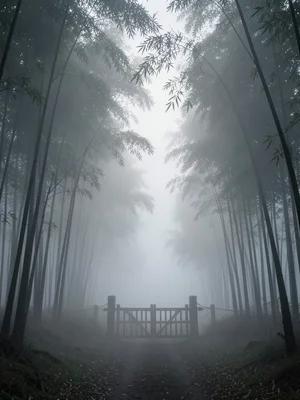 A path through a bamboo forest in mist, the tall stalks fading into white at the