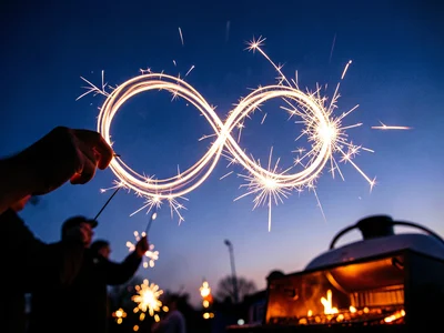 A sparkler being waved in a figure-eight pattern against twilight sky, the light
