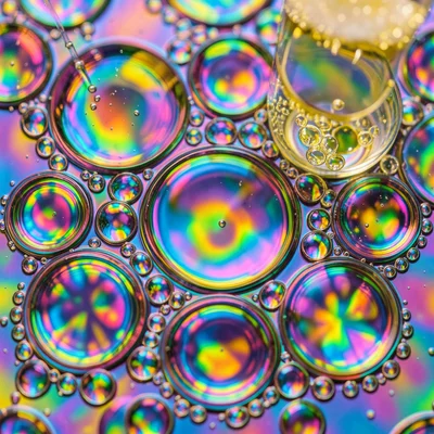 Champagne bubbles in glass creating organic cell pattern, graduation toast