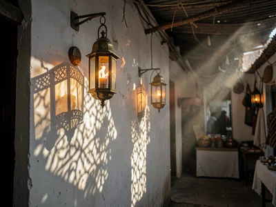 Brass lantern casting intricate shadow patterns on whitewashed wall, flame glow 