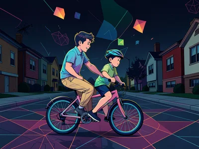 Father teaching child to ride bicycle, hand on seat, suburban street