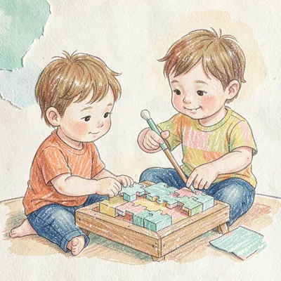 Toddler watching an older sibling assemble a 3D puzzle, soft paper-light