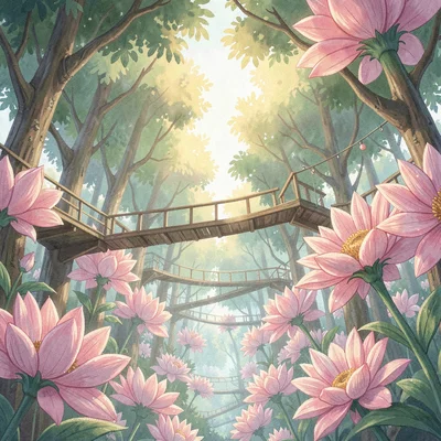 Painterly vista of a sunlit canopy level with platforms threading between giant