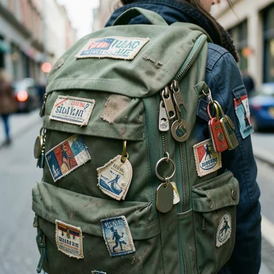 Close-up of backpack details, zippers, patches, keychains, personality