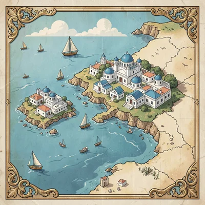 Illustrated map illustration, Greek islands with white buildings and blue domes 