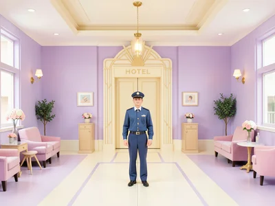 Hotel lobby in lavender and cream, bellhop standing at exact center, Art Deco el