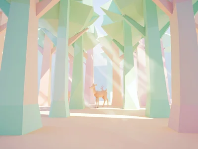 Mint-and-peach lowpoly forest grove with shafts of pastel light cutting between 