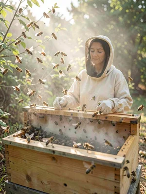 Beekeeping, hive a haze of activity, keeper's veiled face serene at center