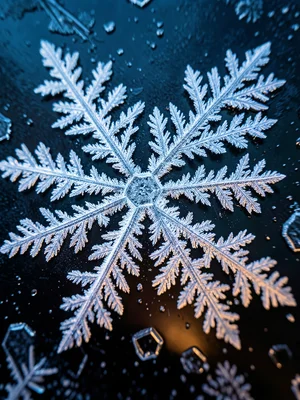 Macro of individual frost dendrite branch, hexagonal crystal symmetry at each fo