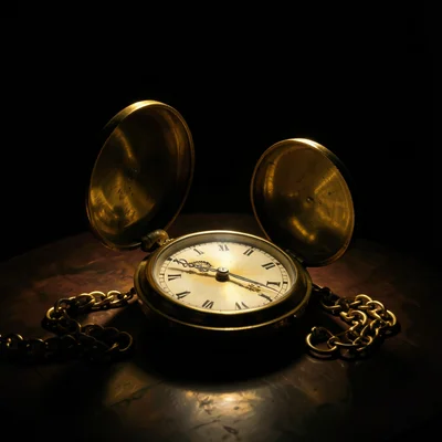 A gold pocket watch open on a table, the face catching light from above, the cha