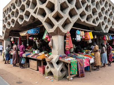 African market stalls built into brutalist concrete honeycomb structure, vibrant