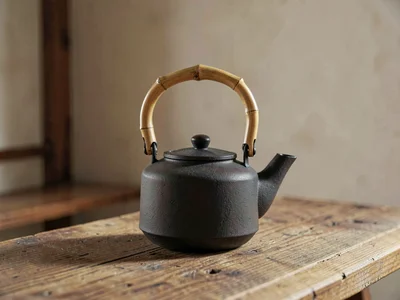One slim cast iron kettle with bamboo handle and patinaed black surface centered