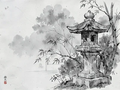 Stone lantern half-visible in garden fog