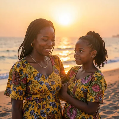 Peachy golden Dakar sunset light through sea haze, Mother and daughter in matchi