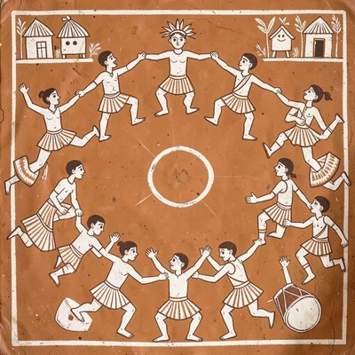 Circle of figures dancing around a central drummer — hands joined, feet lifted