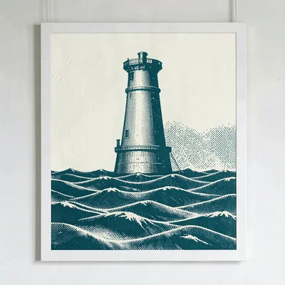 Screenprint window-decal motif of a halftone foghorn over halftone waves in deep