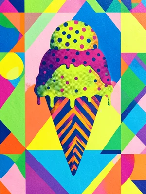 An ice cream cone with three scoops — each scoop a different pattern: polka dots