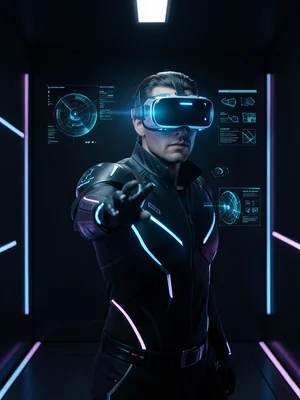 Person wearing VR headset reaching forward in a dark room lit by the headset glo