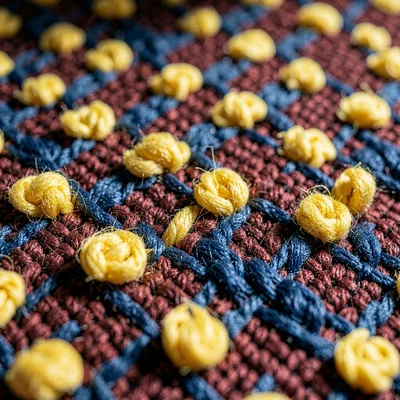 Jacquard rhythm reduced to pattern of weld-yellow cotton floats on madder-russet