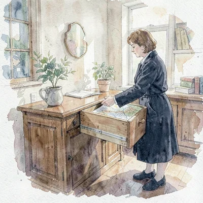 Atmospheric wash of a librarian silhouette pulling a wide flat-file drawer of ma