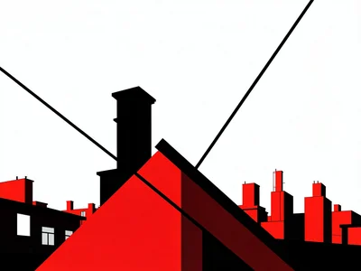 Urban rooftop silhouette against white sky, hard geometric skyline