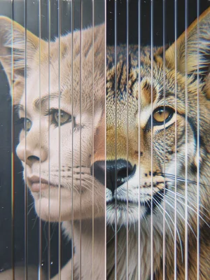 Human face morphing to animal face, lenticular caught between species, both reco