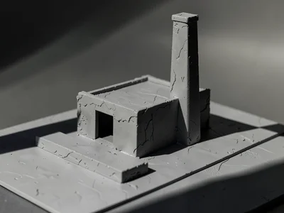 Brutalist crematorium with a single tall stack and a low slab entrance, raking s