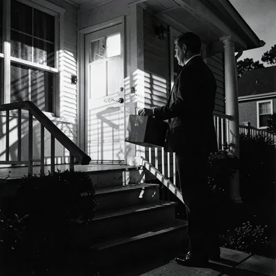 Porch light creating hard shadows on steps, delivered package waiting, suburban 
