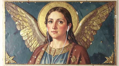 Egg tempera illustration, angel with wireless earbuds , yolk-bound pigment, gold