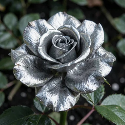 Rose at peak bloom solarized until petals become metal, softness inverted into i