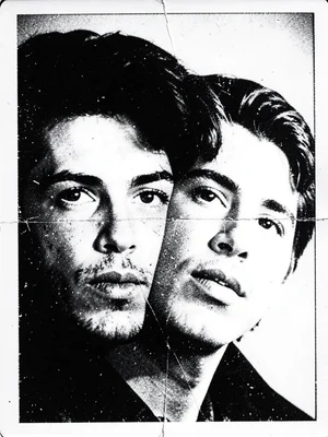 Two overlapping photocopied faces creating a double exposure effect, one slightl
