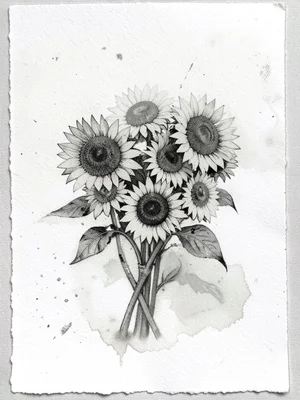 Ghost monoprint of summer bouquet of sunflowers, faded second pull