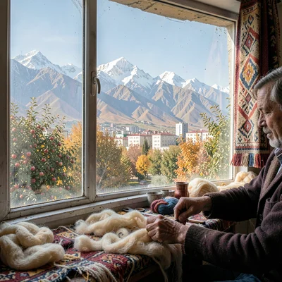 Tian Shan mountains behind Soviet Almaty, ornate felt rug workshop, mountains fr