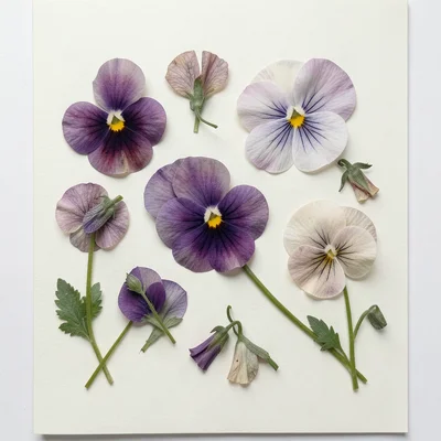 Pressed pansies: velvet petals flattened and slightly translucent, purple fading