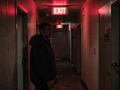 Refugee in shelter hallway, EXIT sign above, the ironic escape in temporary hous