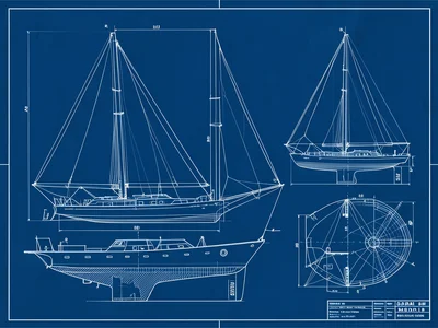 A technical drawing of a sailboat: hull lines, keel profile, rigging plan, and d