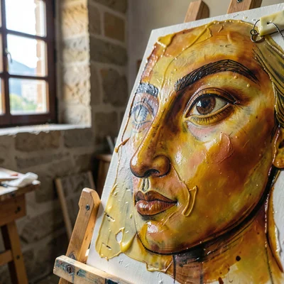 Warm encaustic painting studio on a Greek island, intimate and close, Mediterran