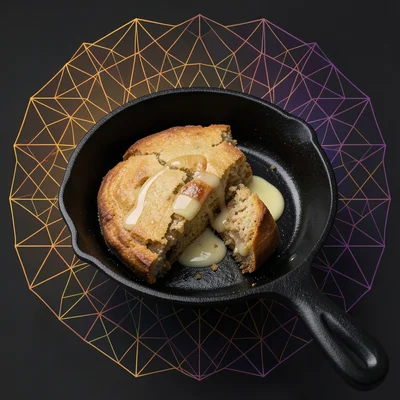 Cornbread in cast iron skillet, butter melting on warm wedge